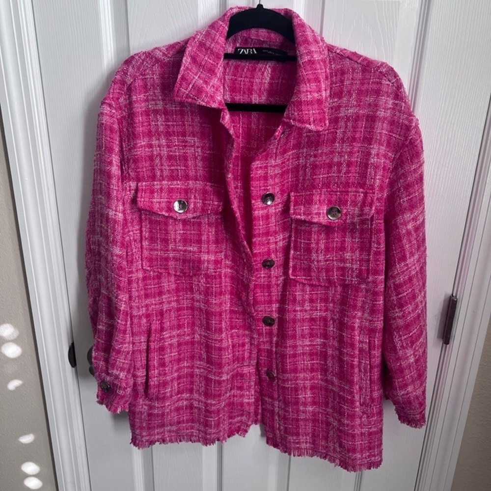 Zara Bright Pink Tweed Button-Up Jacket